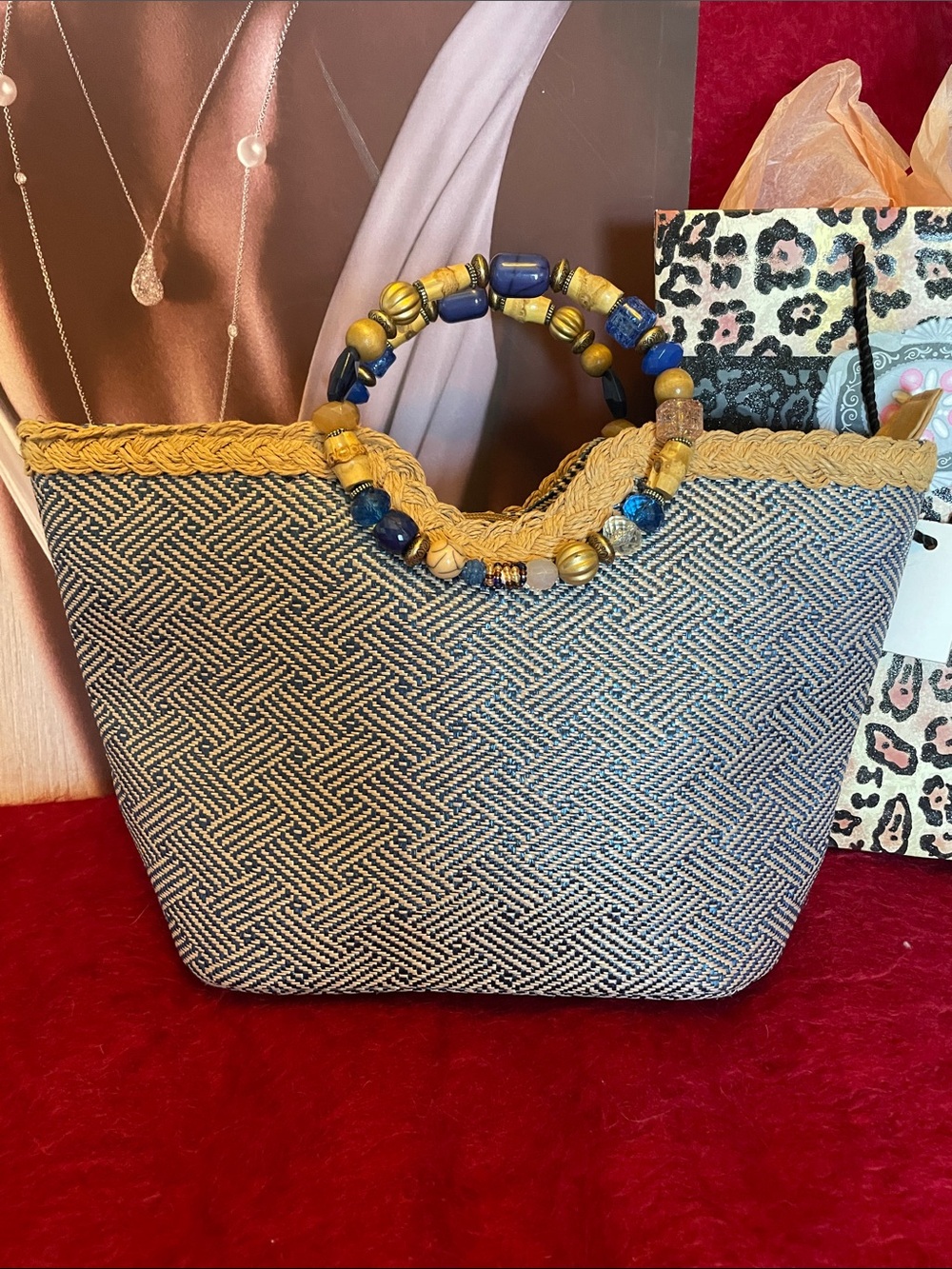 WOVEN MULIT COLORED BEADED HANDLE TOTE BAG NAVY & NATURAL COLOR HANDBAG